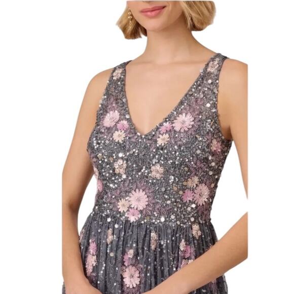 Adrianna Papell Floral Embellished V-Neck Formal Sequin Gown Size 8 NWT - Picture 3 of 15